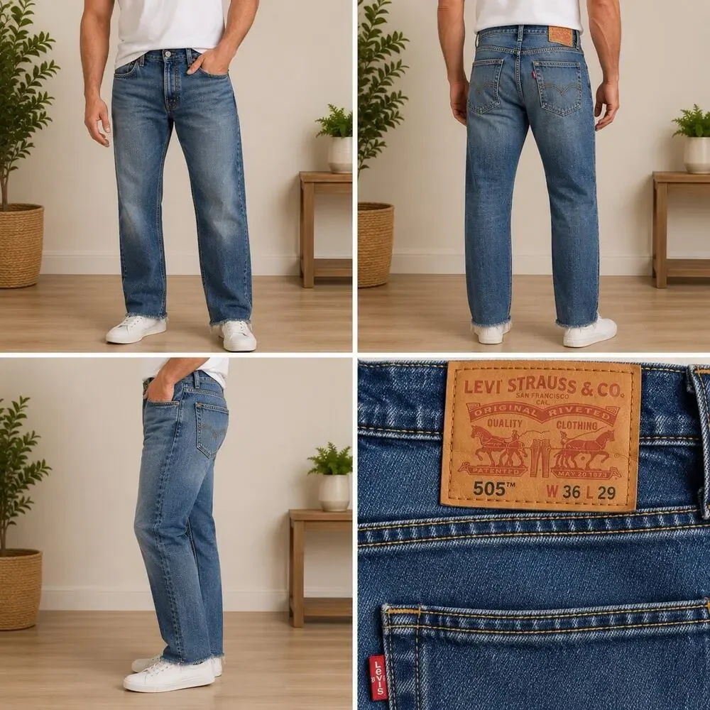 Levis 505 Mens Jeans 36x29 Regular Fit Straight Leg Blue Denim Raw Hem